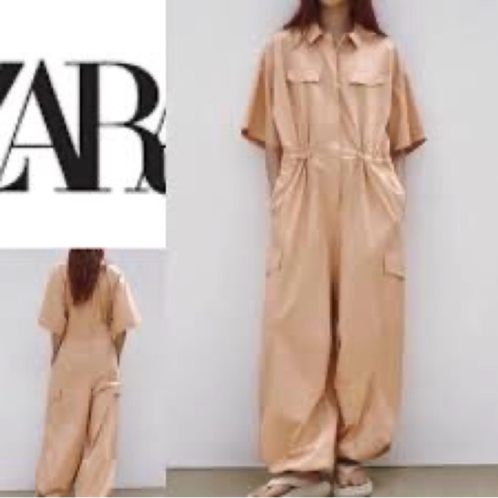 Zara Tan Utility Jumpsuit with Wide-Leg Design